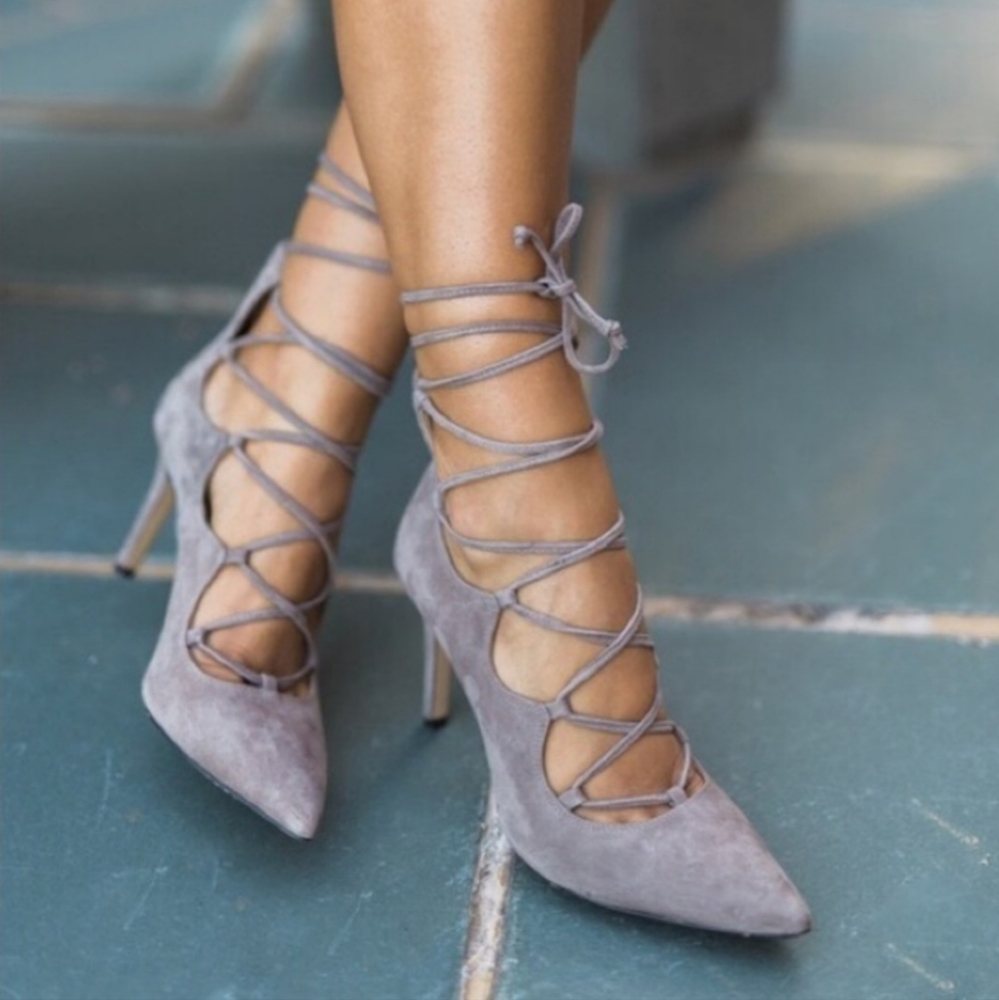 Vince Camuto Taupe Gray Suede Barsha Lace Up Pointed Pump Heel Ghillie